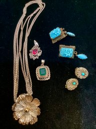 2 Vintage Earrings, 2 Sterling Pendants And Sterling Necklace