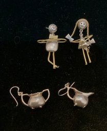 2 Pair Of Unique Sterling Earrings. Boy And Girl, Sugar And Creamer