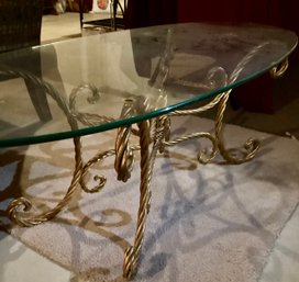 Vintage Oval Coffee Table With Gold Metal Base Hollywood Regency