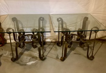 Set Of 2 Vintage Iron Base Side Tables With Glass Top
