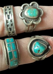 Lot Of 4 Native American Rings Turquoise And Silver