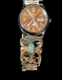 Mens Seiko Watch With Sand Cast And Turquoise Native American Band