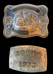 Lot Of 2 Western Riding Belt Buckles 1 Marked Sterling