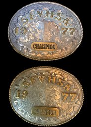 Lot Of 2 Western Champion Riding Belt Buckles 1977 Marked Sterling