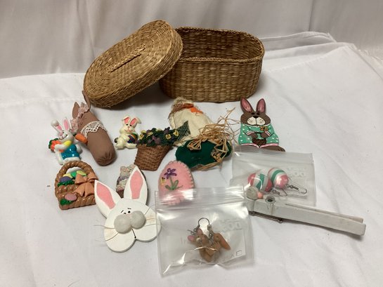 Easter Pins And Earrings Lot With Basket