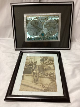 Pair Of Artwork Lot - Dog Photograph And Color Foil Etched Print Of Old World Map