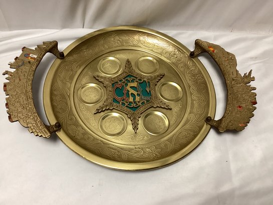 1950s Large Brass Enameled Sedar Plate By Tamar Made In Israel