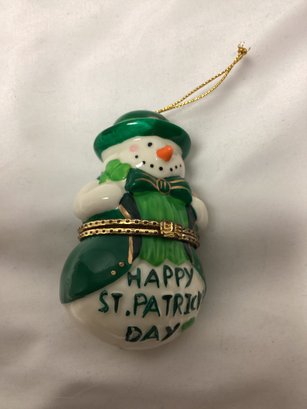 Happy St. Patrick's Day Snowman Trinket Box Ornament