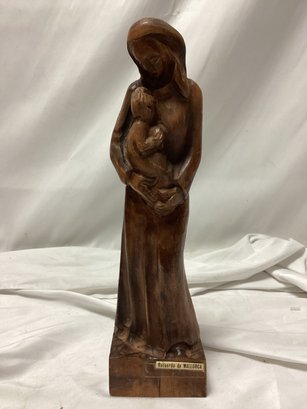 Madonna And Infant Jesus Hand Carved Wooden Sculpture