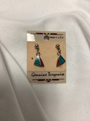 Genuine Turquoise & Coral Pierced Earrings