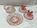 Pink Depression Glass Bowl, Plate, And Candle Holders