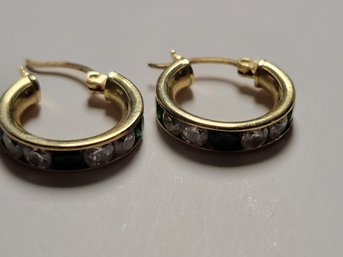 14k Yellow Gold With Rhinestone Hoop Earrings