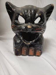 Antique Paper Mache Black Cat On Fence Lantern
