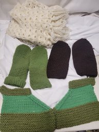 Grandma's Knitted Mittens, Scarf, And Booties / Shoes