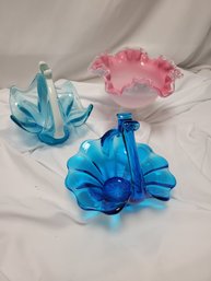 Fenton Ruffled Pedestal Pink Glass Vase, And Two Blue Glass Baskets