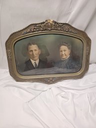 Antique Gesso Victorian Convex Glass Picture Frame Man And Woman