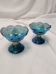 Set Of 2 Indiana Blue Carnival Glass Candle Holders