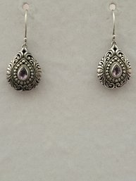 Sterling And Amethyst Victorian Style Pierced Drop Earrings