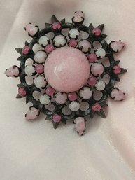 Signed Austria Pink Cabochon Brooch