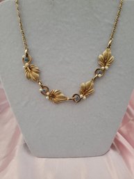 Topaz And Pearl On Gold Tone Leaf Vintage Necklace