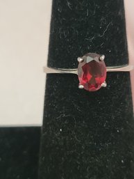 Red Crystal Stone Sterling Silver Ring - Size 8