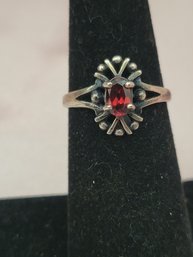 Sterling Silver Ring With Garnet Stone - Size 6