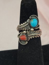 Turquoise And Coral Navajo Sterling Silver Ring - Size 5.5