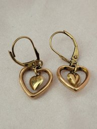 14k Yellow Gold Heart Dangle Earrings Marked JCM