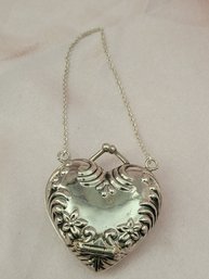 Antique Chatelaine Sterling Silver Compact Heart Locket With Chain