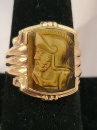 10k Yellow Gold Tigers Eye Intaglio Ring - Solid Yellow Gold Solitaire Ring - Size 9.5