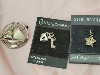 Sterling Silver Charms And Nautical Ship Brooch