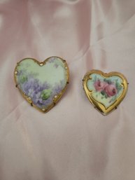 Victorian Hand Painted Heart Brooches