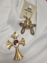 Gold Tone Cross Pendant And Cross Earrings