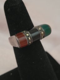 Vintage Sterling Silver, Onyx, Agate, And Marcasite Ring
