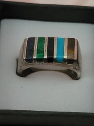 Vintage Sterling Silver Turquoise, Onyx, Malachite, Mop Stone Inlay Ring