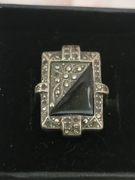Sterling Silver Onyx And Marcasite Vintage Ring
