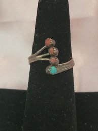 Turquoise & Coral Stones On Sterling Silver Ring