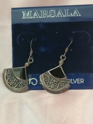 Sterling Silver With Onyx Inlay Fan Dangle Earrings - Marsala