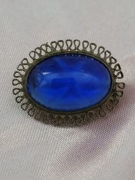Small Brass Filigree With Blue Oval Stone Brooch Pin