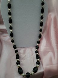 Vintage Beaded Black Necklace With Silver Tone Spacers Necklace