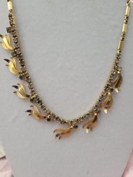 1960s Gold Tone Leaf Drop With Rhinestone Necklace