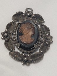 Antique Black Carved Cameo On Pewter Brooch