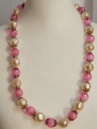 Pink Blown Glass Beads With Glass Pearls Vintage Necklace