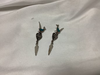 Native American Roadrunner Turquoise And Pewter Earrings