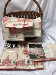Victorian Christmas Tablecloth And Basket Lot