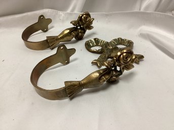 Antique Gold Brass Rose Stocking Hangers