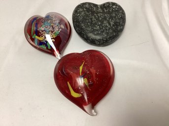 Lead Glass & Stone Heart Paper Weights