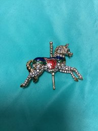 Rhinestone And Enameled Carousel Horse Brooch