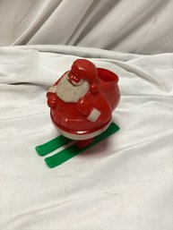 1950s Hollow Plastic Santa On Skis Candy Holder