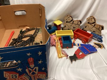 Antique Wooden Toys And Cardboard Toy Box